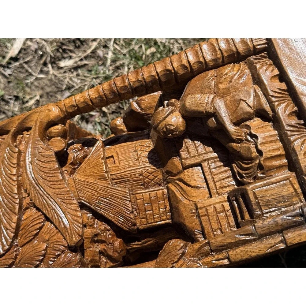 2 Vintage Rare Hand Carved Teakwood Table Lamps Tropical Farm Village Scene